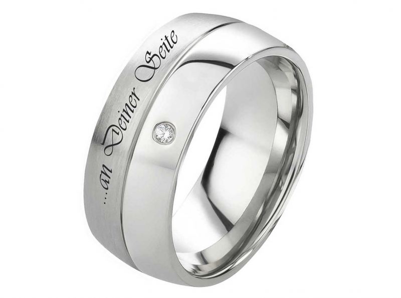 Preview: Edelstahlring E156 mit Zirkonia oder Diamant und Außengravur