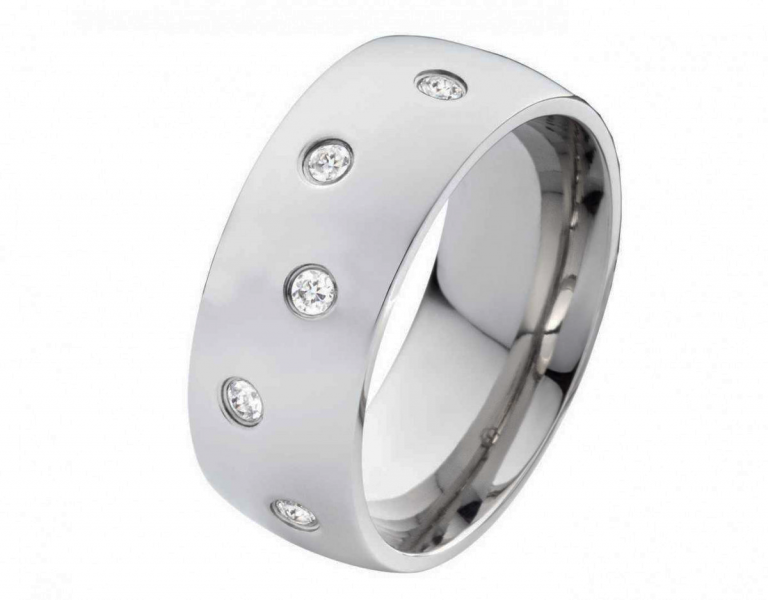 Preview: Zauberhafte Edelstahlring E047 mit Zirkonias und Gravur