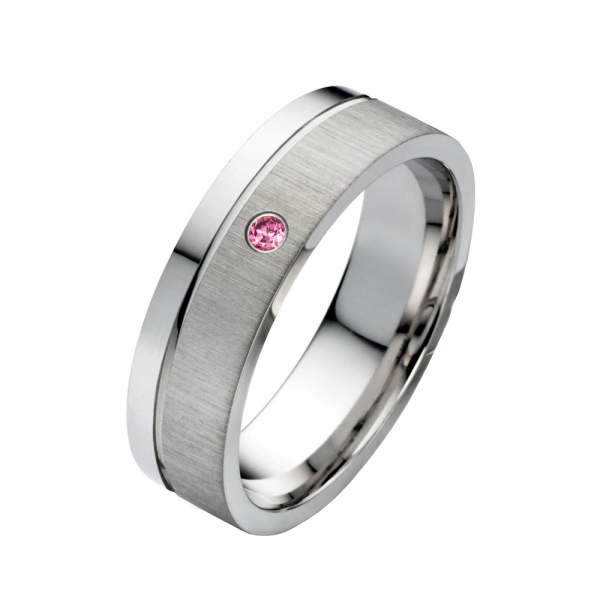 Preview: Stylevoller Edelstahlring E973 mit Rhodolite Stein und Außengravur