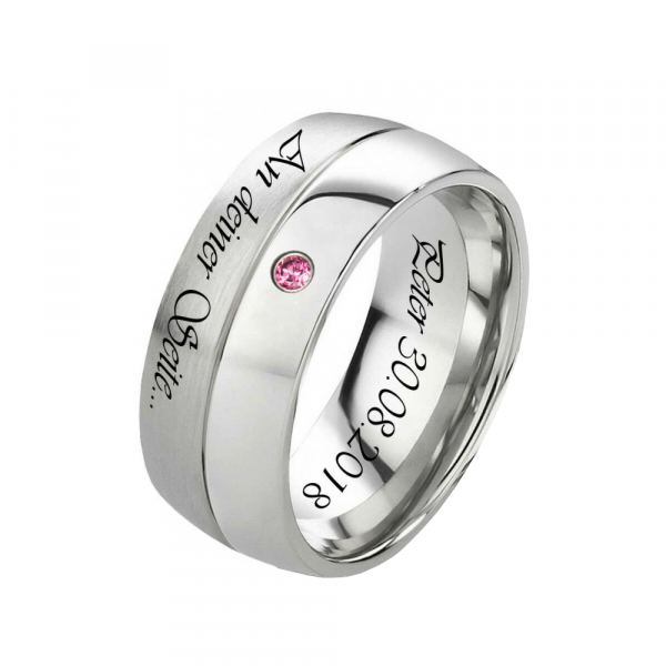 Preview: Traumhaft Edelstahlring E971 mit Zirkonia Raspberry und Außengravur