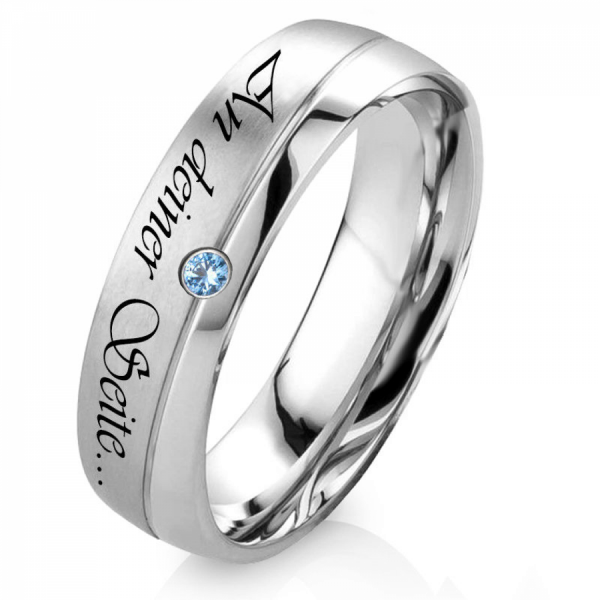 Preview: Edelstahlring H174 mit Zirkonia Blau und Gravur