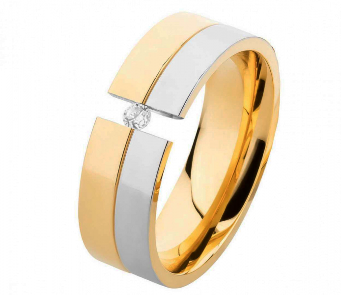 Preview: Bicolor Edelstahlring LUC5 mit Beschichtung mit Stein und Gravur