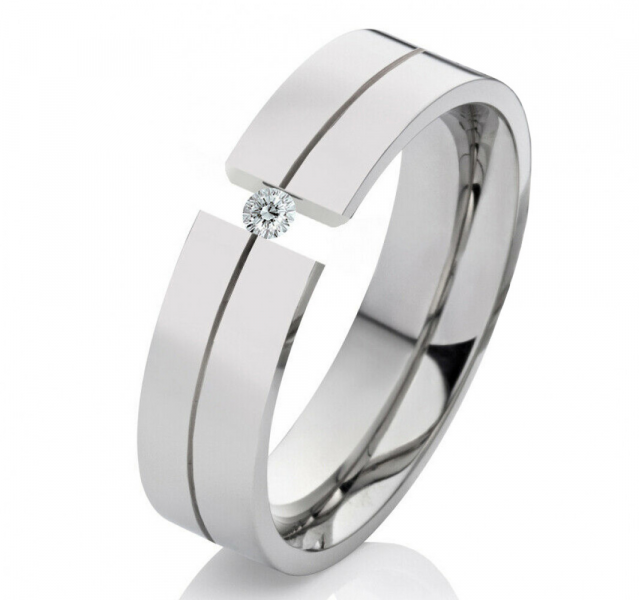 Preview: Edelstahlring LUC9 mit Zirkonia oder Diamant und Gravur