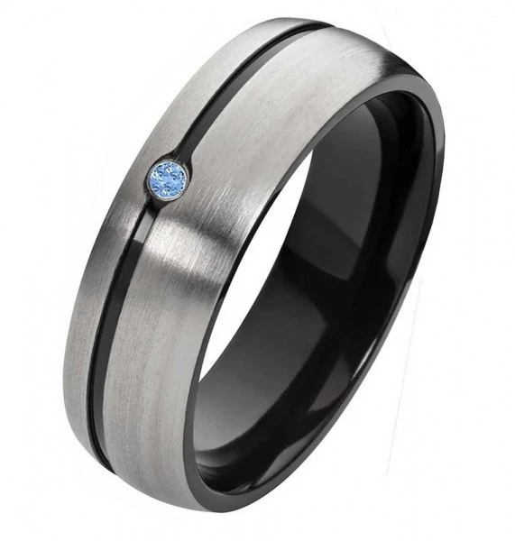 Eleganter schwarzer Titanring T136 mit blauem Zirkonia