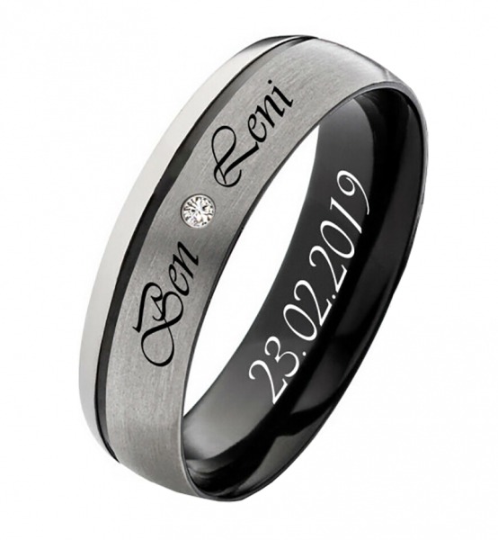 Preview: Schwarzer Damenring breite 6mm mit Stein T142 gratis Gravur