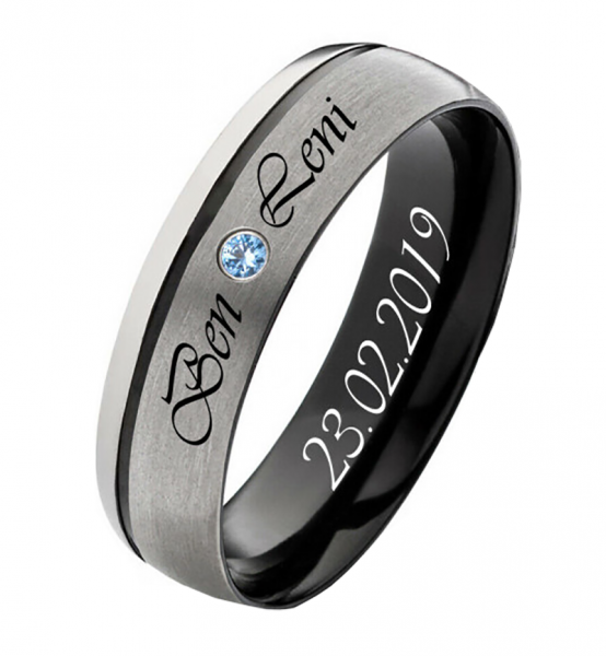 Preview: Initialen in Titanring T201 Topas Blau mit Gravur