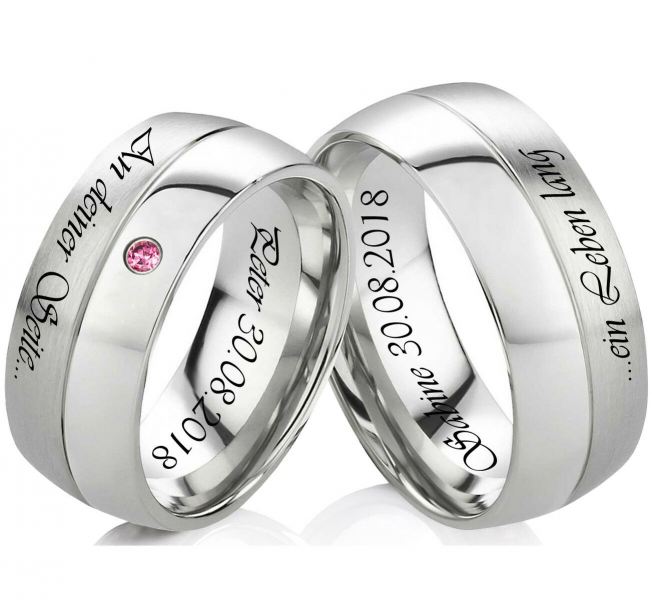 Preview: Traumhaft Edelstahlringe E971 mit Zirkonia Raspberry und Außengravur