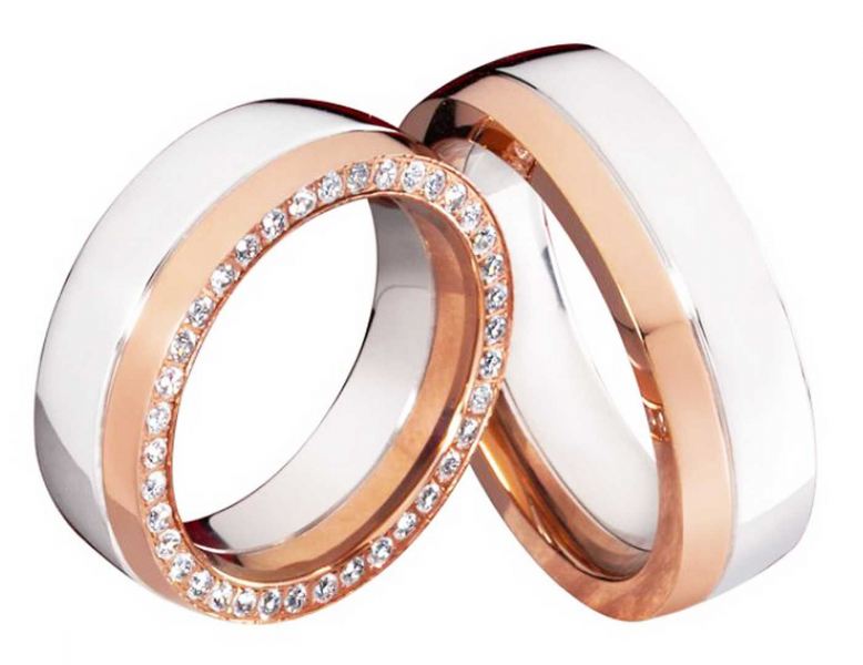 Preview: Bicolor Edelstahlringe E155 mit Zirkonias und Gravur