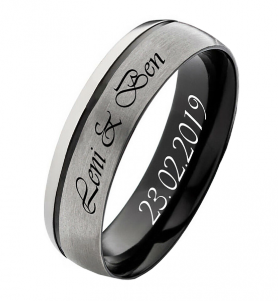 Preview: Schwarze Herrenring breite 6mm mit Gravur T142 gratis Gravur