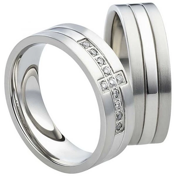 Partnerringe Edelstahl AB834-AB835 mit Zirkonia weiß und Gravur