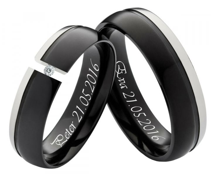 Preview: Partnerringe Titanringe schwarz mit Stein PT013