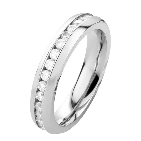 Schmaler polierter Edelstahlring E017 mit Zirkonias und Gravur