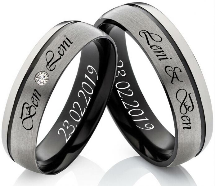 Preview: Schwarze Titanringe breite 6mm mit Stein T142 gratis Gravur