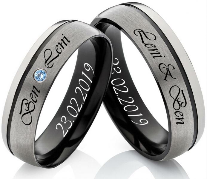 Preview: Initialen in Titanringe T201 Topas Blau mit Gravur