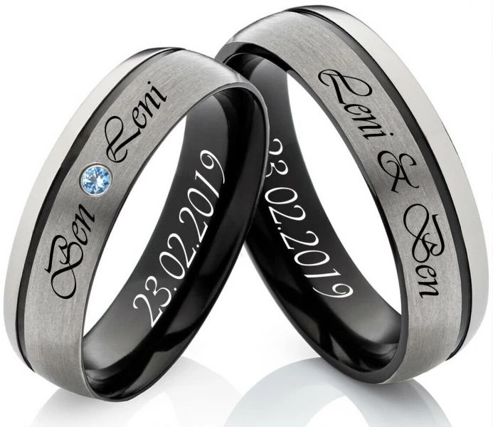 Titanringe T201 mit Topas blau und Gravur