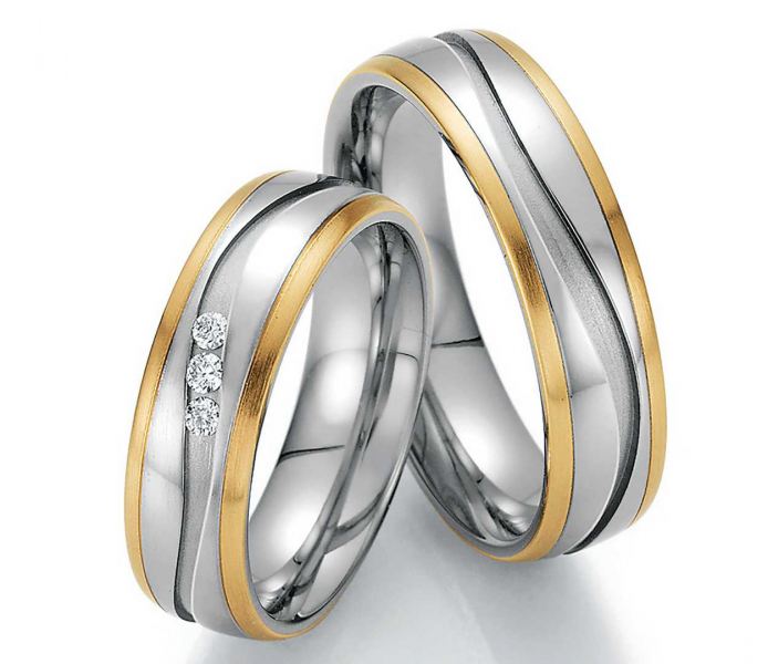 Trauringe aus Edelstahl-Gold 88-60010+88-60020 mit Diamanten