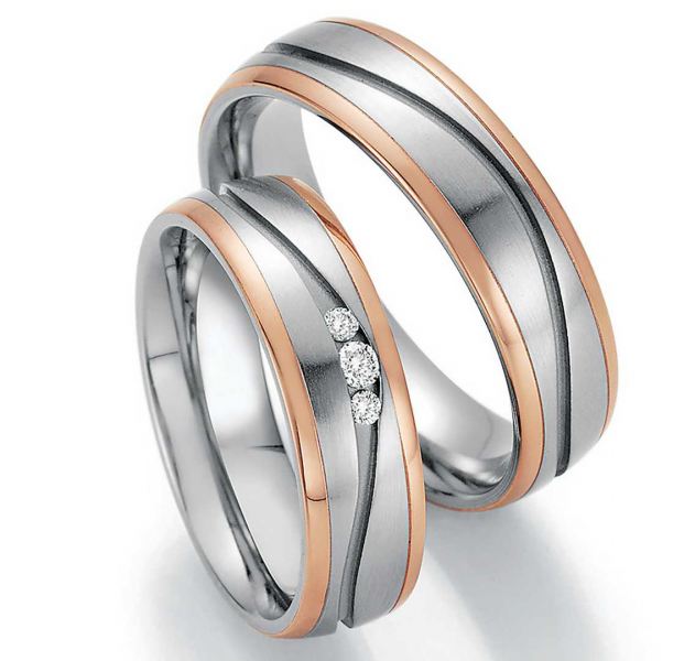 Trauringe aus Edelstahl-Gold 88-60170+88-60180 mit Diamanten