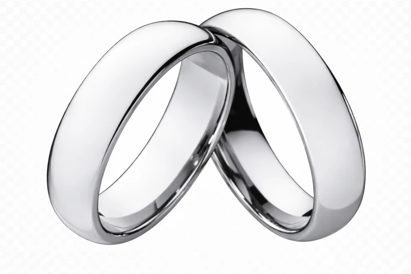 Zwei silberfarbene, polierte Wolframringe mit abgerundeter Innenseite und glänzender Oberfläche, nebeneinander angeordnet, schlichtes Design ohne Verzierungen.