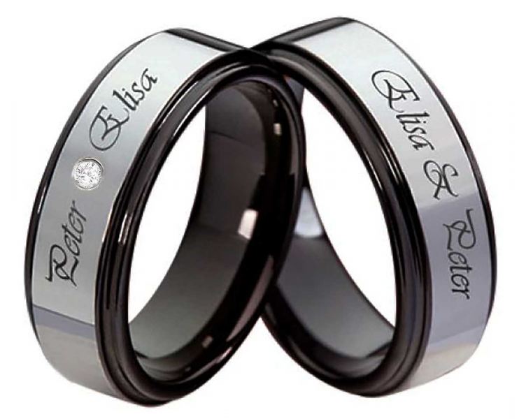 Preview: Partnerringe Wolfram SCHWARZ PW120 mit Stein und Außengravur