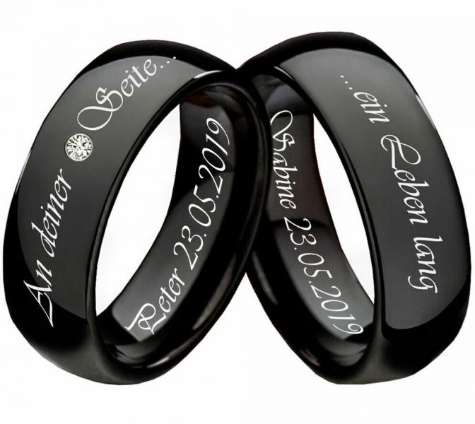 Schwarzer Wolframring mit glänzendem Zirkonia‑Stein und personalisierter Außengravur – eleganter Partner‑ oder Ehering aus kratzfestem Wolframkarbid