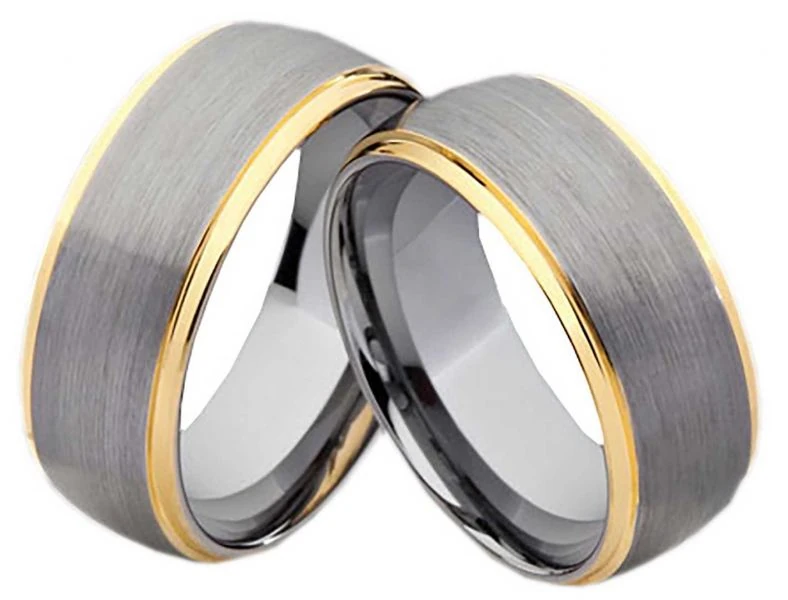 Goldfarbene Tungsten-Trauringe ohne Stein, 8 mm breit, mattierte Mittelpartie mit polierten Kanten