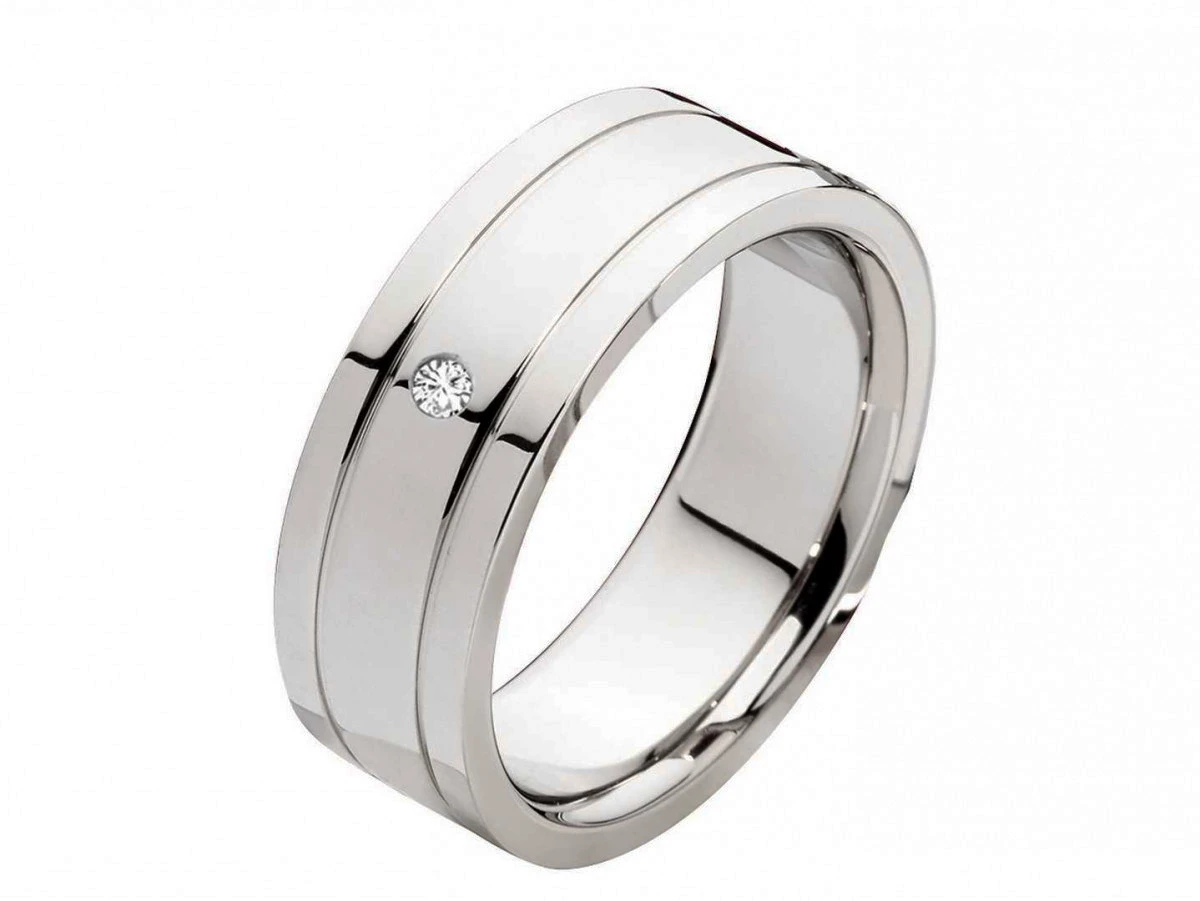 Edelstahlringe E015 mit Zirkonia oder Diamant und Gravur