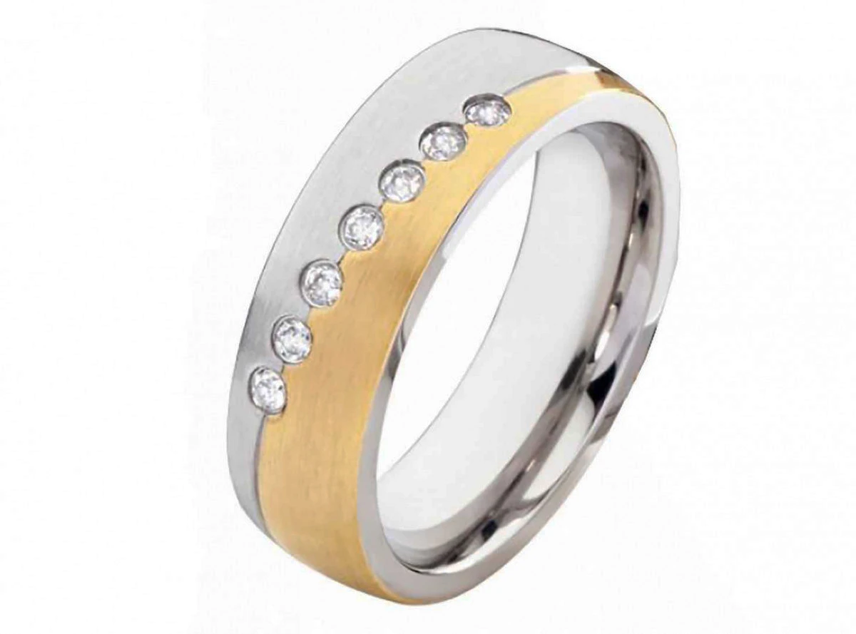 Bicolor Edelstahlringe E150 mit Zirkonias und Gravur Bicolor Edelstahlringe E150 mit Zirkonias und Gravur
