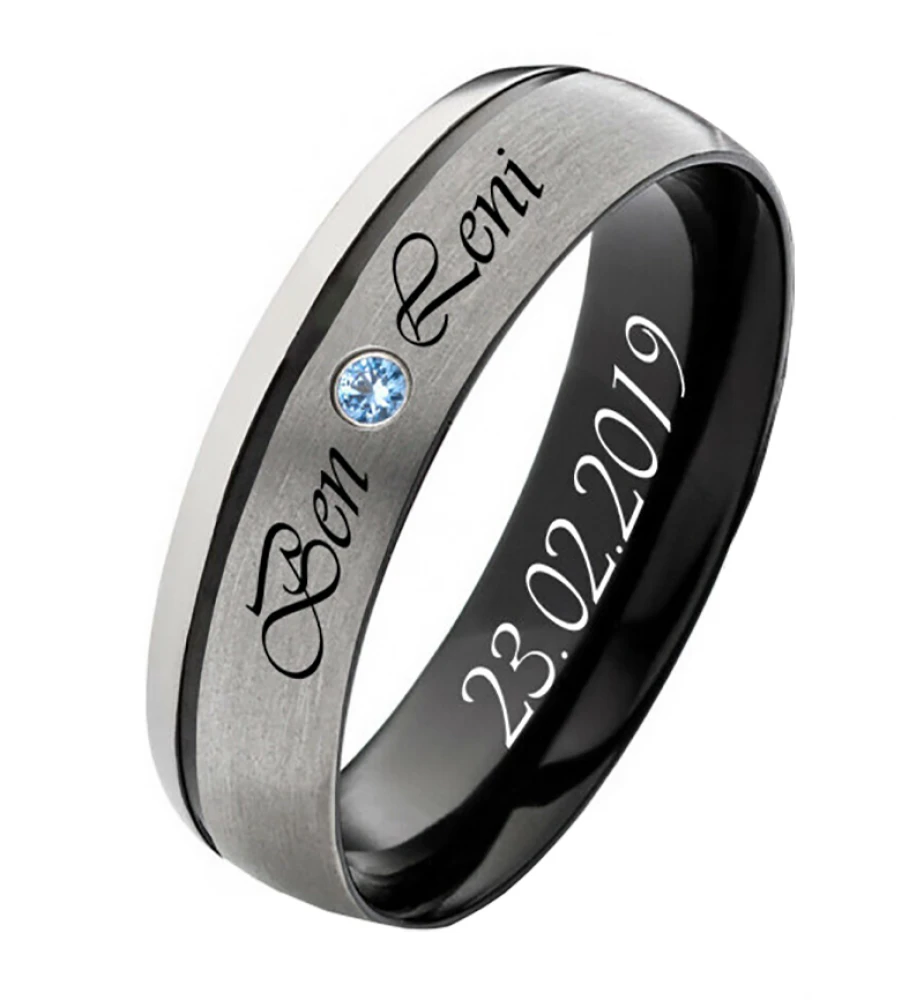 Initialen in Titanring T201 Topas Blau mit Gravur