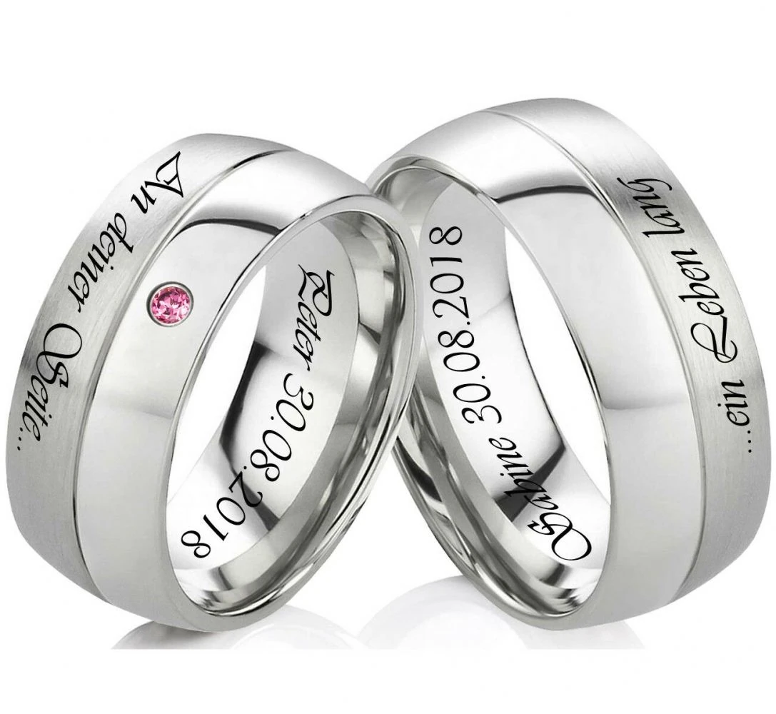 Traumhaft Edelstahlringe E971 mit Zirkonia Raspberry und Außengravur