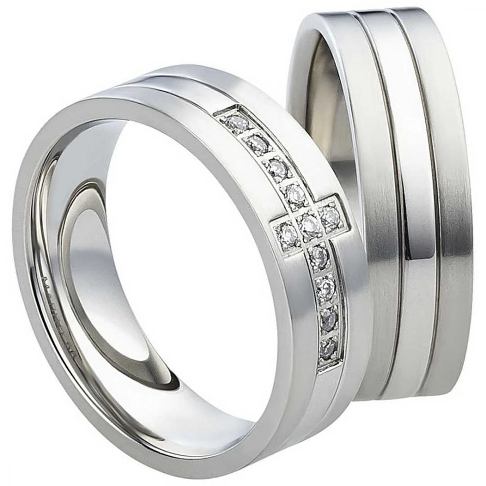 Partnerringe Edelstahl AB834-AB835 mit Zirkonia weiß und Gravur
