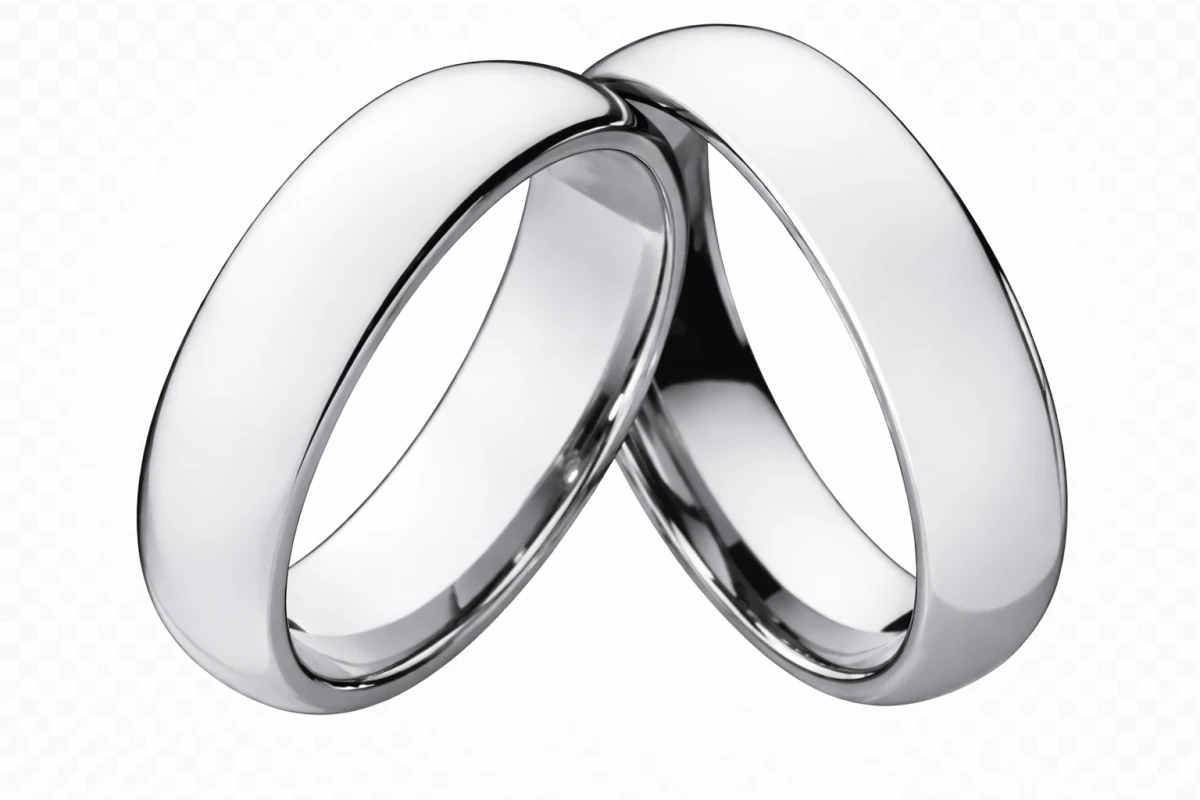 Zwei silberfarbene, polierte Wolframringe mit abgerundeter Innenseite und glänzender Oberfläche, nebeneinander angeordnet, schlichtes Design ohne Verzierungen.