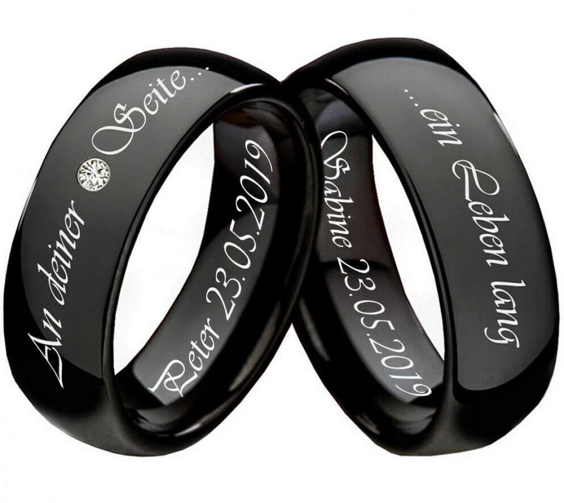 Schwarzer Wolframring mit glänzendem Zirkonia‑Stein und personalisierter Außengravur – eleganter Partner‑ oder Ehering aus kratzfestem Wolframkarbid