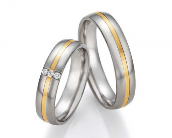 Trauringe aus Titan 78-10070+78-10080 mit Diamanten und Gelbgoldeinlage