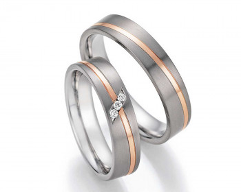 Trauringe aus Titan 78-10170+78-10180 mit Diamanten und Rosègoldeinlage
