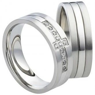 Partnerringe Edelstahl AB834-AB835 mit Zirkonia weiß und Gravur